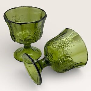 Pair of Vintage Indiana Glass Avocado Green Pedestal Bowls / Candy Dishes